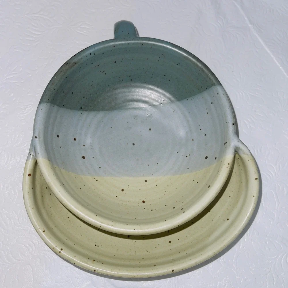 Studio Pottery Soup & Crackers Bowl Integrated Saucer Tray Speckled Blue Green